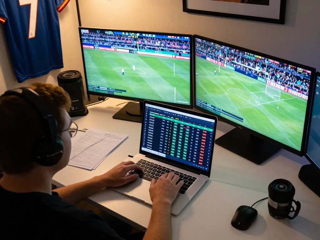 Engaged player reviewing live betting odds on vipwin during a sports event at home