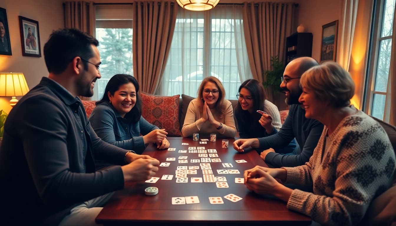 Friends enjoying Rummy nabob, surrounded by colorful game cards in a cozy living room.