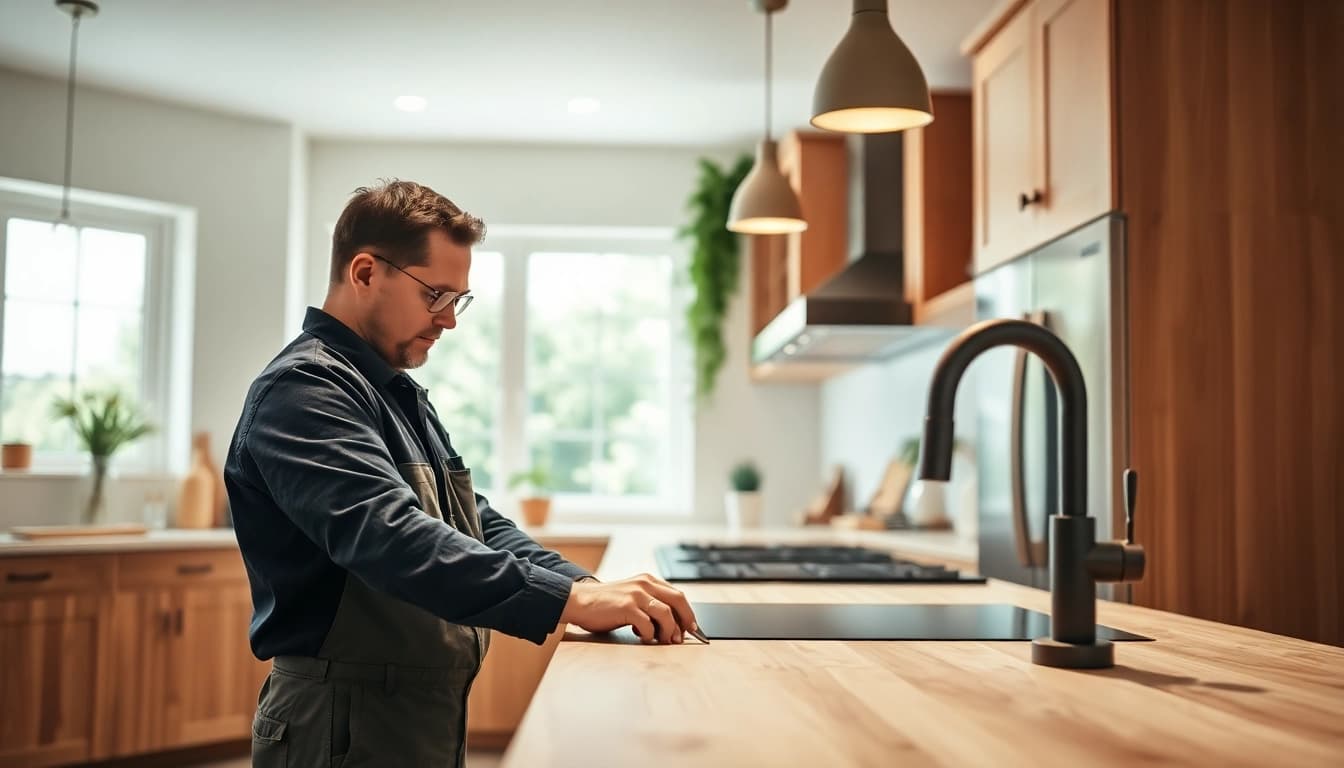 Home renovation with a craftsman expertly redesigning a kitchen space, highlighting modern design.