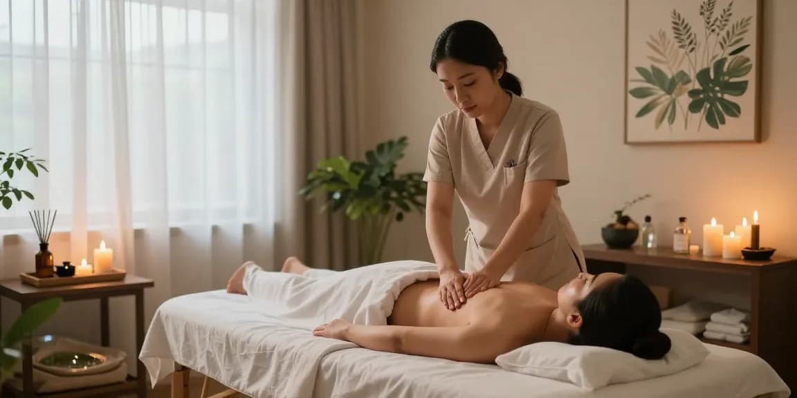 1인샵 마사지 공간에서 아로마 마사지 받고 있는 모습, 편안한 조명과 자연 요소로 아늑한 분위기 연출