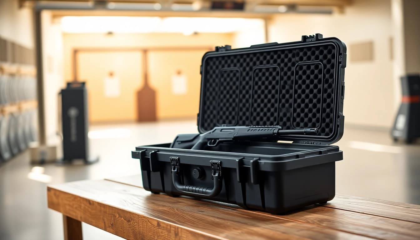 Showcasing the pelican rifle case with an elegant design and functionality in a shooting range setting.