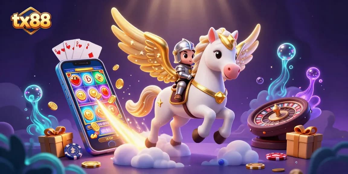 Experience thrilling tx88 gaming with a decorated knight on a celestial horse amidst vibrant casino elements.
