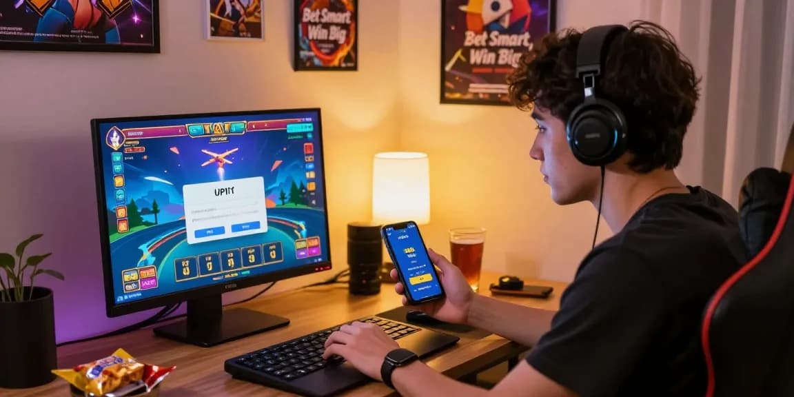 Aviator Betway gaming scene featuring an engaged player betting online with colorful game graphics and instant cashout options.