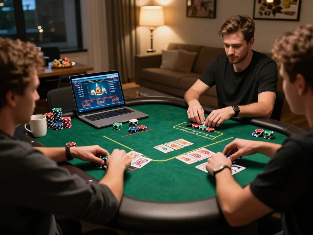 Experience high-stakes online gambling at https://www.dacsandatphanrang.com/, with players engaged at a dynamic poker table in a cozy home setting.
