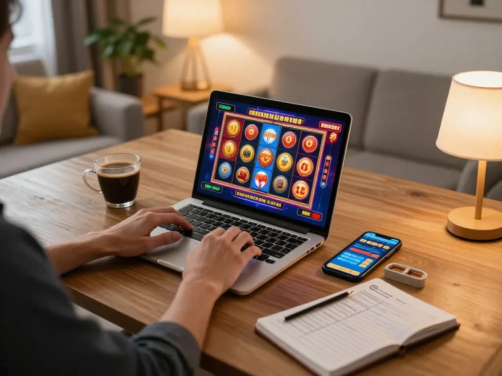 Pemain menikmati permainan slot online yang mendebarkan di laptop mereka di rumah, menjelajahi strategi permainan paris888.