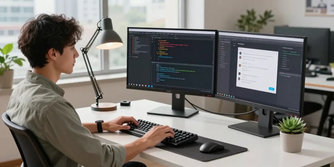 Dynamic tech workspace showcasing developer productivity at 纸飞机中文版官网, featuring modern coding interfaces and a vibrant city backdrop.