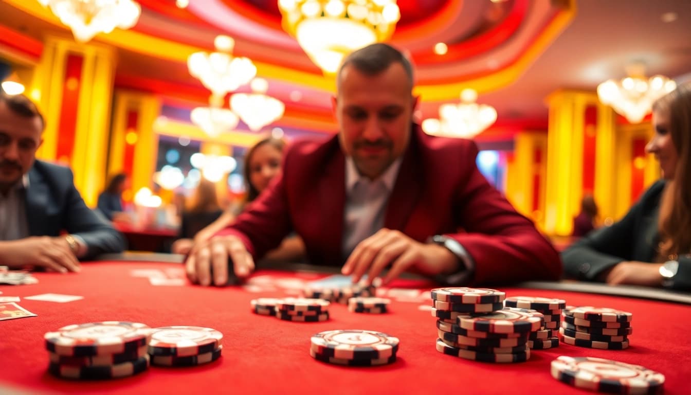 Permainan poker di www.agencetitan.com/en/ dengan suasana kasino yang menegangkan.