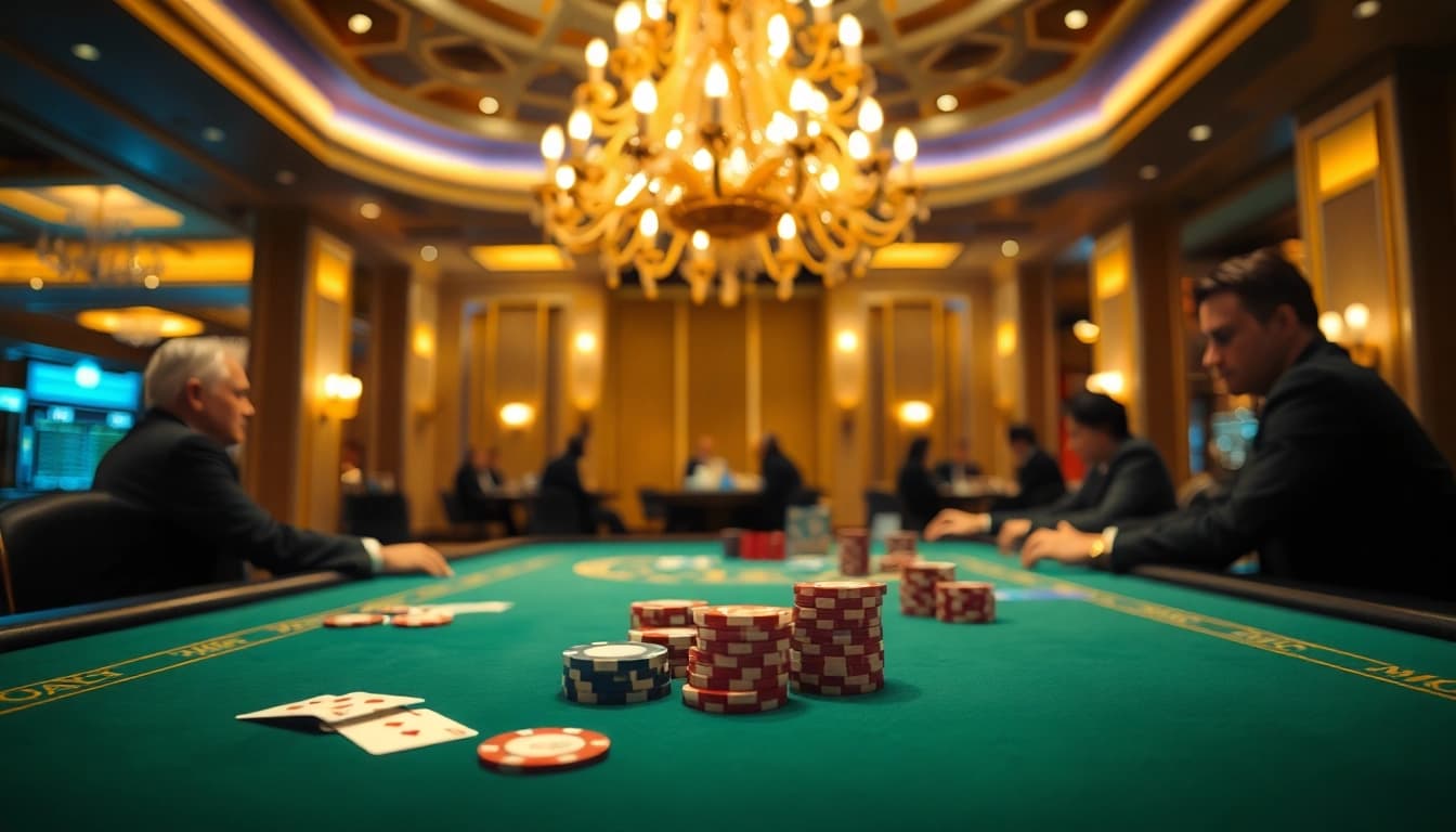 Menangkan permainan hoki77 di meja kasino mewah dengan chip dan kartu yang berkilau.