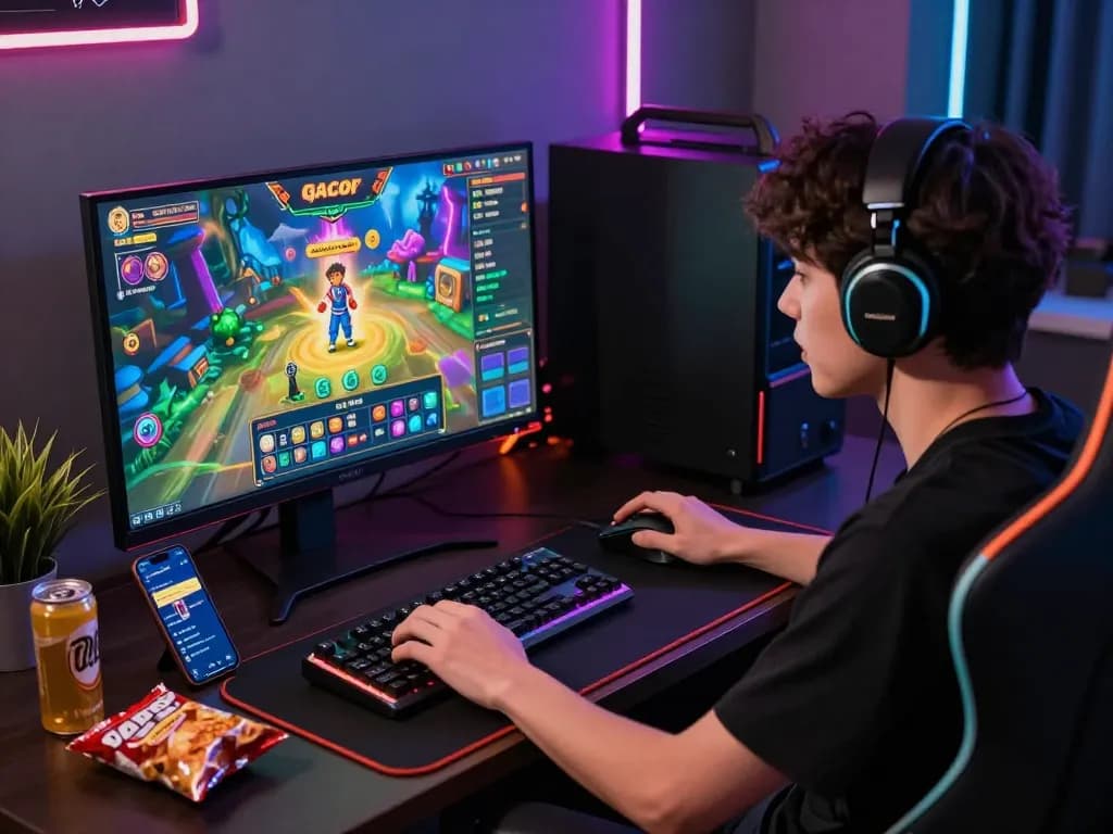 Engaged player experiencing slot gacor games with vibrant graphics in a dynamic gaming setup at home.