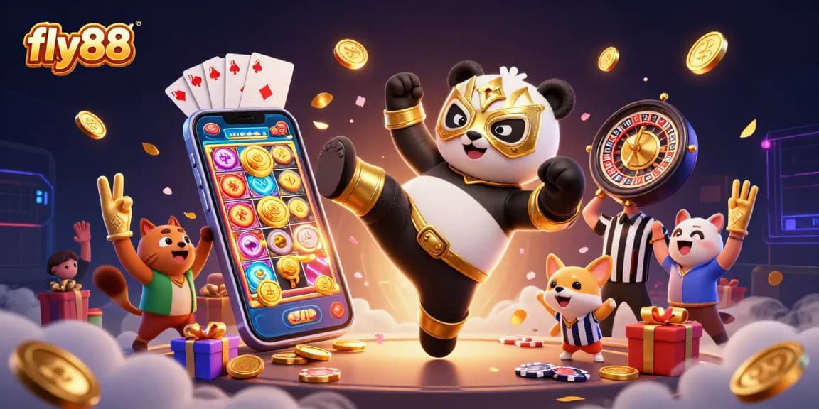 Experience thrilling action at fly88 with a cartoon panda wrestler and vibrant casino elements.