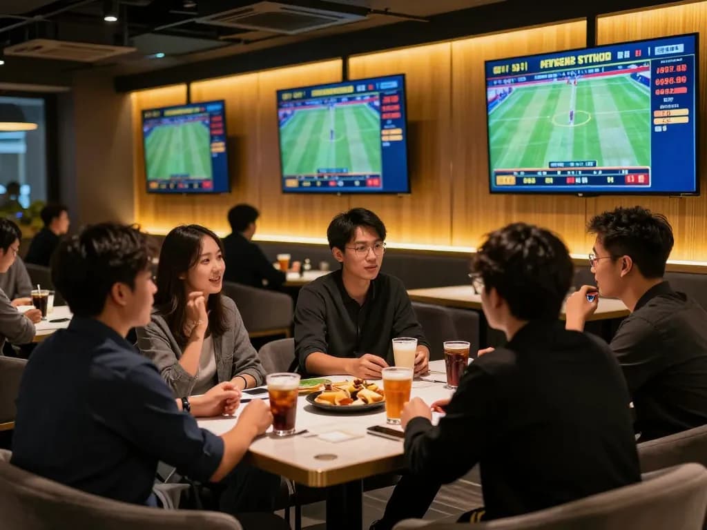 Betting action at 오피스타 sports lounge with live games on screens, dynamic atmosphere of excitement.