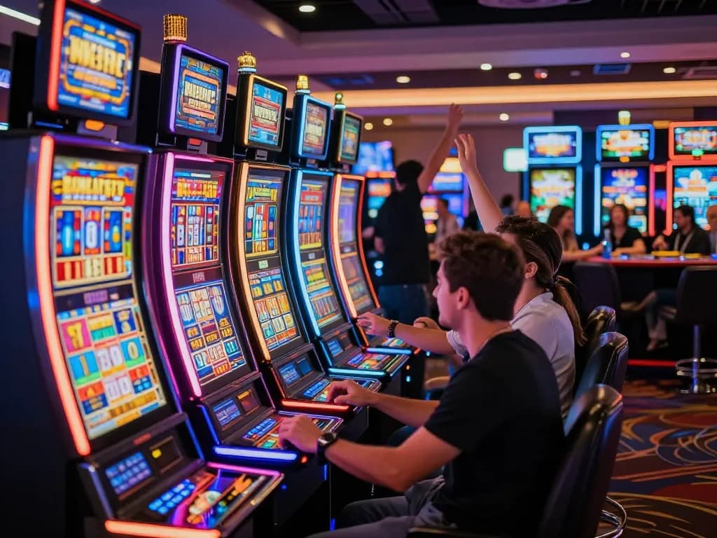Players enjoying slot gacor 777 wins at a vibrant casino, celebrating wins amidst colorful machines.