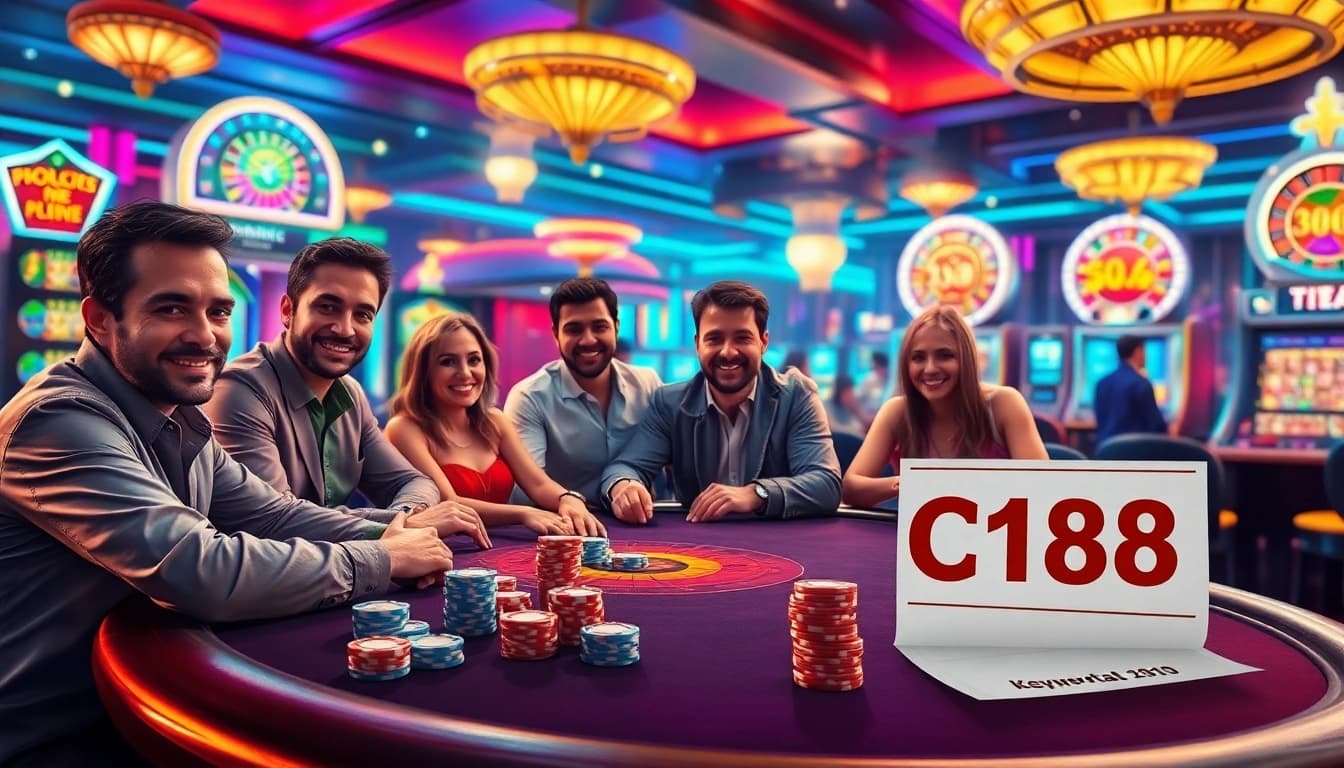 C168 casino scene with players at a poker table enjoying high-stakes action and vibrant atmosphere.