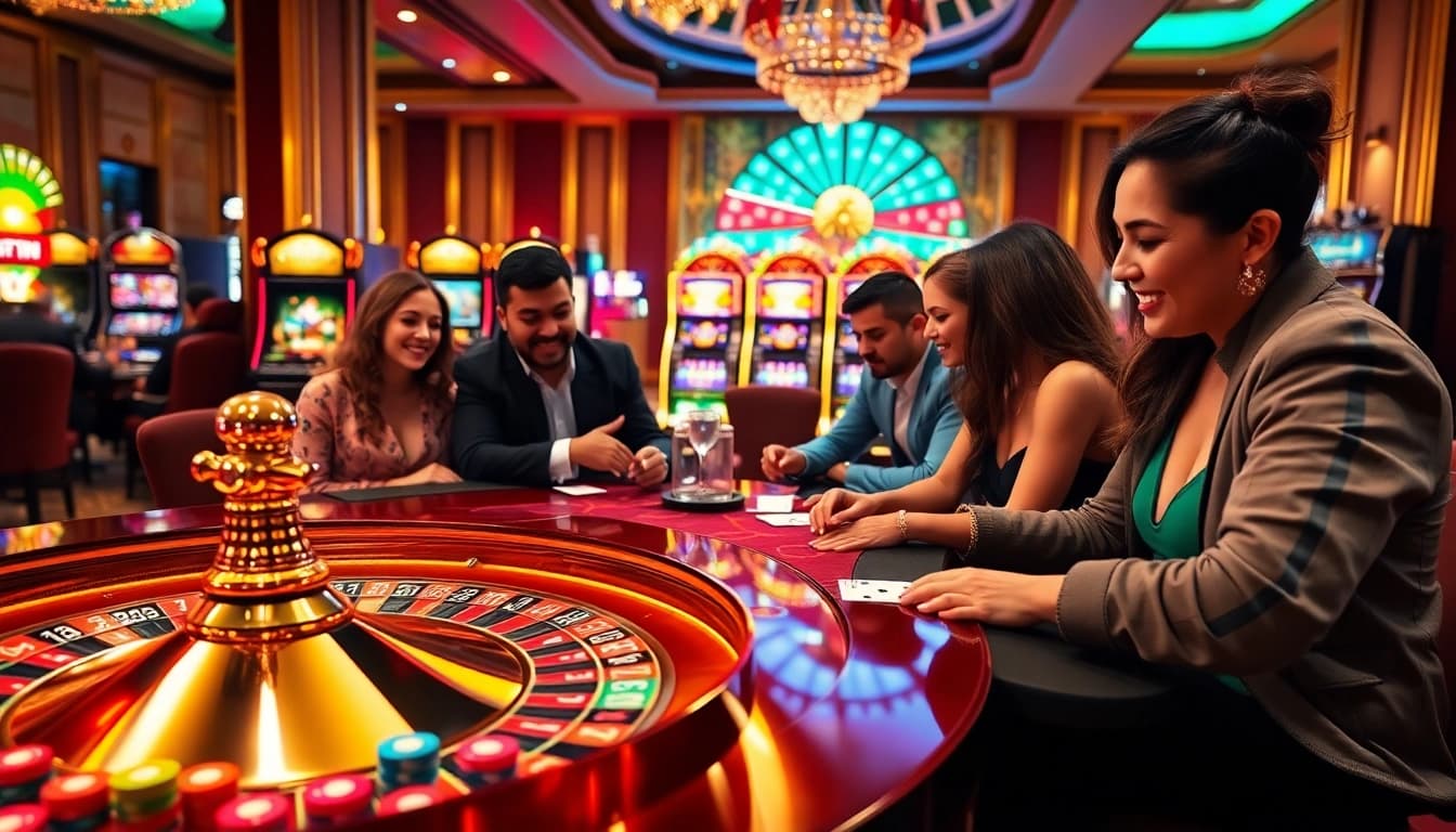 Vào lưới TV gaming scene showcasing poker chips, cards, and a roulette wheel in a luxurious casino environment.