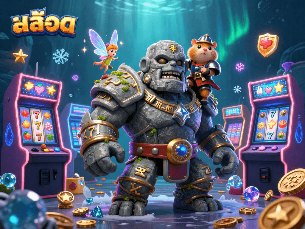 Engage in the thrilling world of สล็อต with a colorful 3D illustration showcasing vibrant slot machines, magical creatures, and gaming elements.