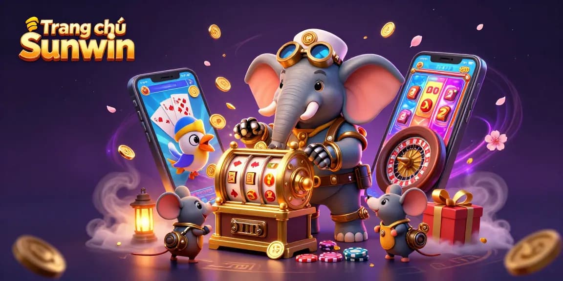 Spin the reels at Trang chủ Sunwin with a delightful steampunk elephant engineer in a vibrant casino scene.