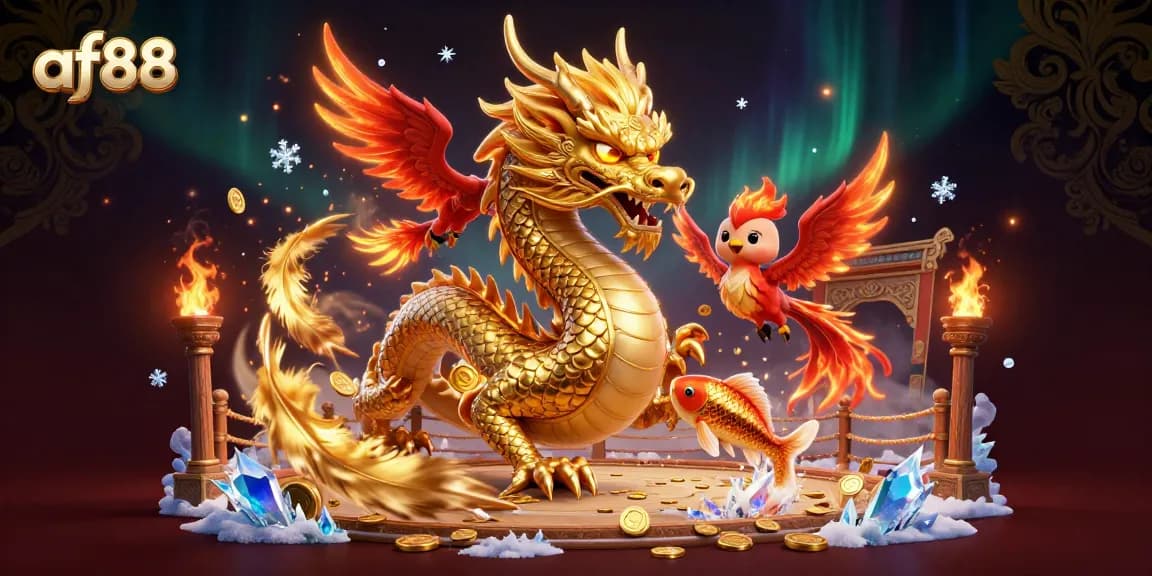 Engage with the thrilling world of af88, featuring majestic dragon and phoenix amidst a backdrop of shimmering gold.
