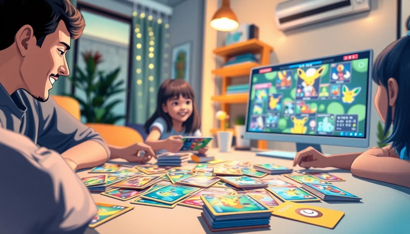 ポケモンカードが鮮やかに並ぶ、オンラインオリパ無料のカードゲームを楽しむプレイヤーの臨場感あふれる場面。