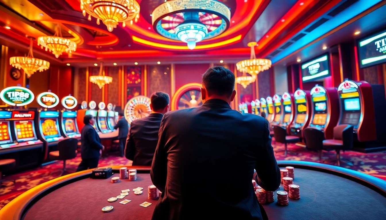 Engaging poker scene at a luxury casino representing TIP88, highlighting high-stakes gameplay.