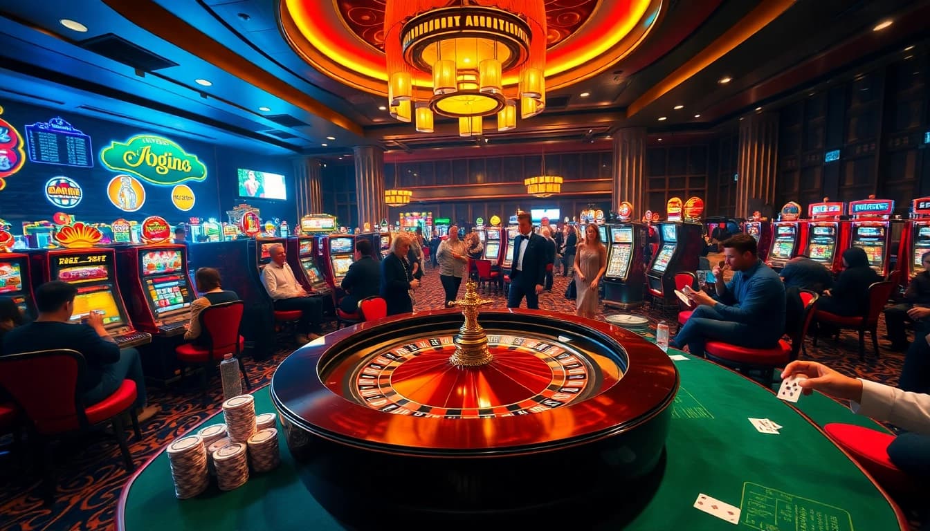 Experience the excitement of okwin in a luxurious casino with roulette and slot machines.