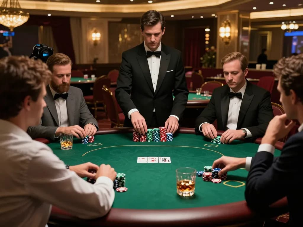 VA88 poker players strategizing during a high-stakes game in a luxurious casino.