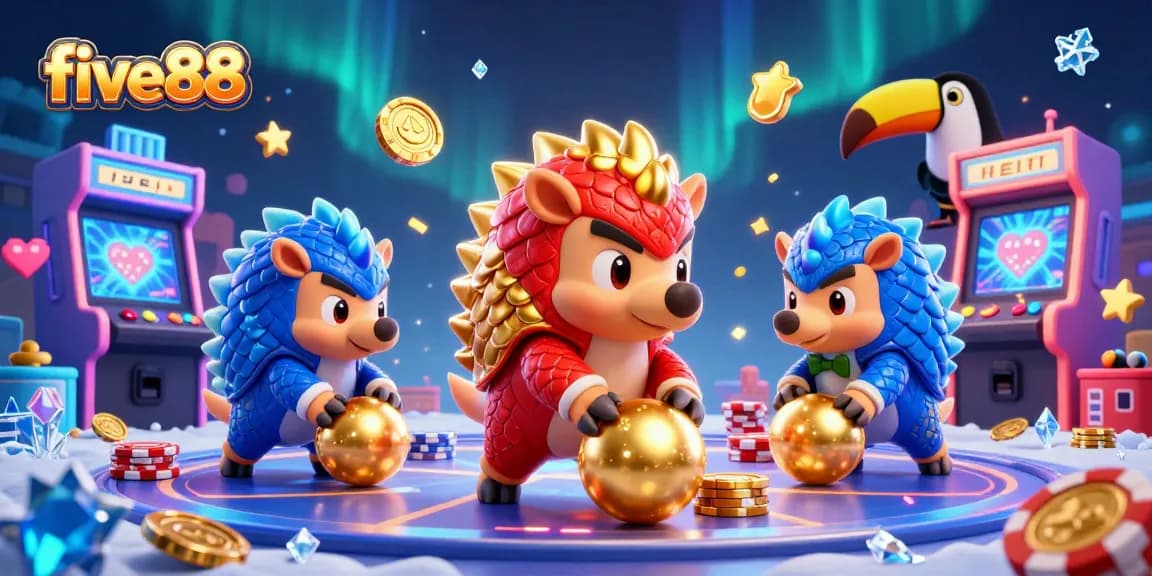 Five88 illustration of playful pangolins in colorful casino scene with poker chips and gaming machines.