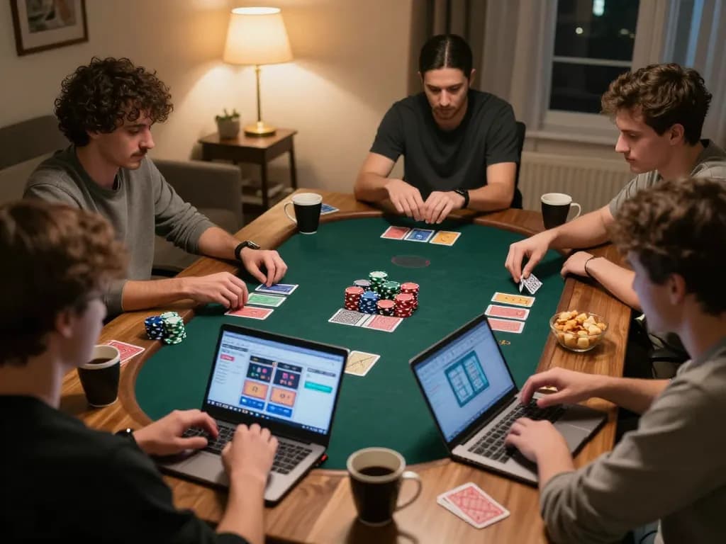 LC88 players engaging in a strategic online poker game from home, showcasing excitement and camaraderie.