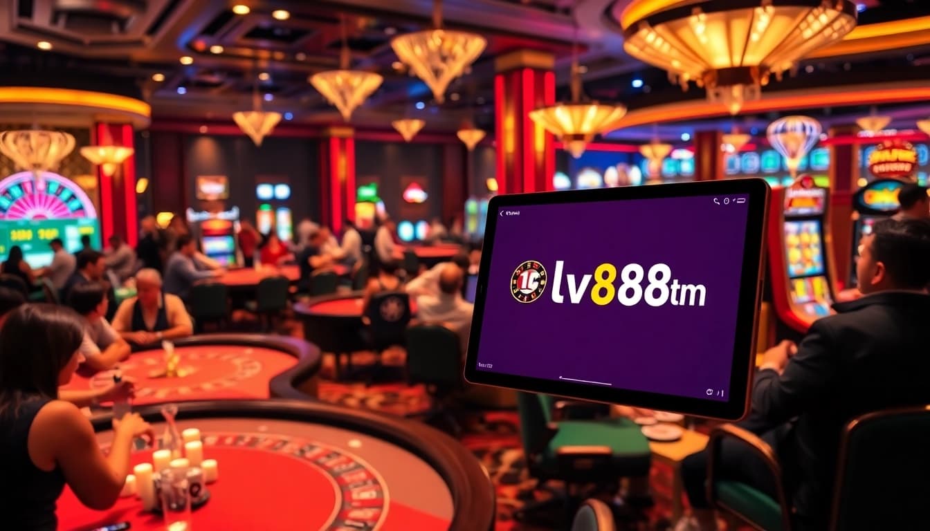 An exciting casino scene featuring poker and roulette, showcasing the brand lv88.team in a luxurious atmosphere.
