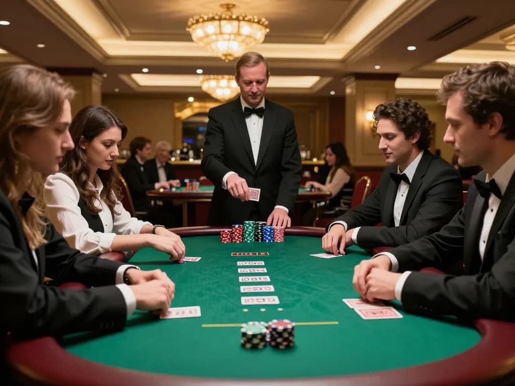 Players strategizing in a high-stakes poker game at a casino, featuring du88 chip stacks and dealer action.