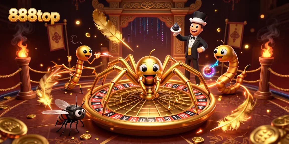 Experience the thrilling bets at 888top with a golden spider spinning a roulette web.