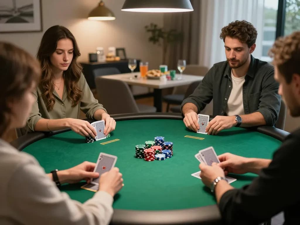 O8 players strategizing during an exciting poker night at home, cards and chips visible