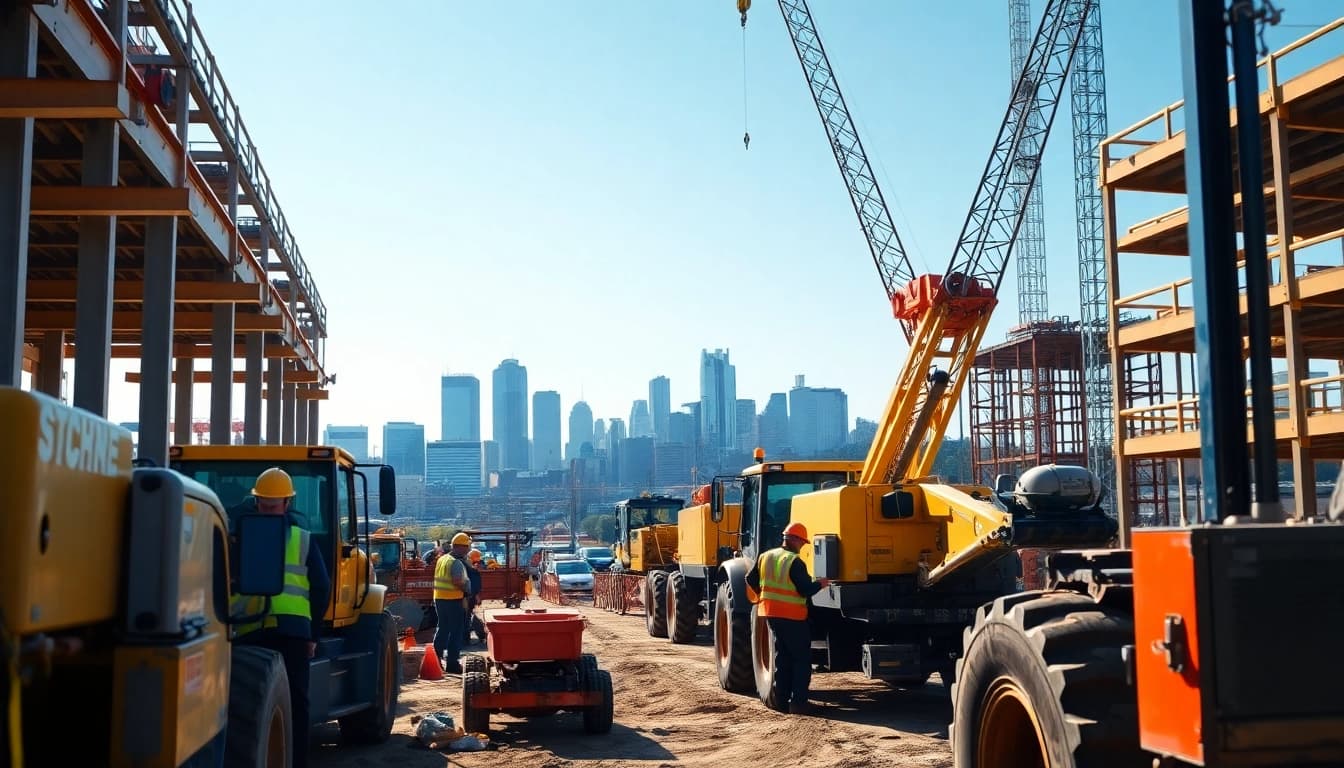 Tennessee construction news featuring a bustling construction site in Nashville with workers and machinery.