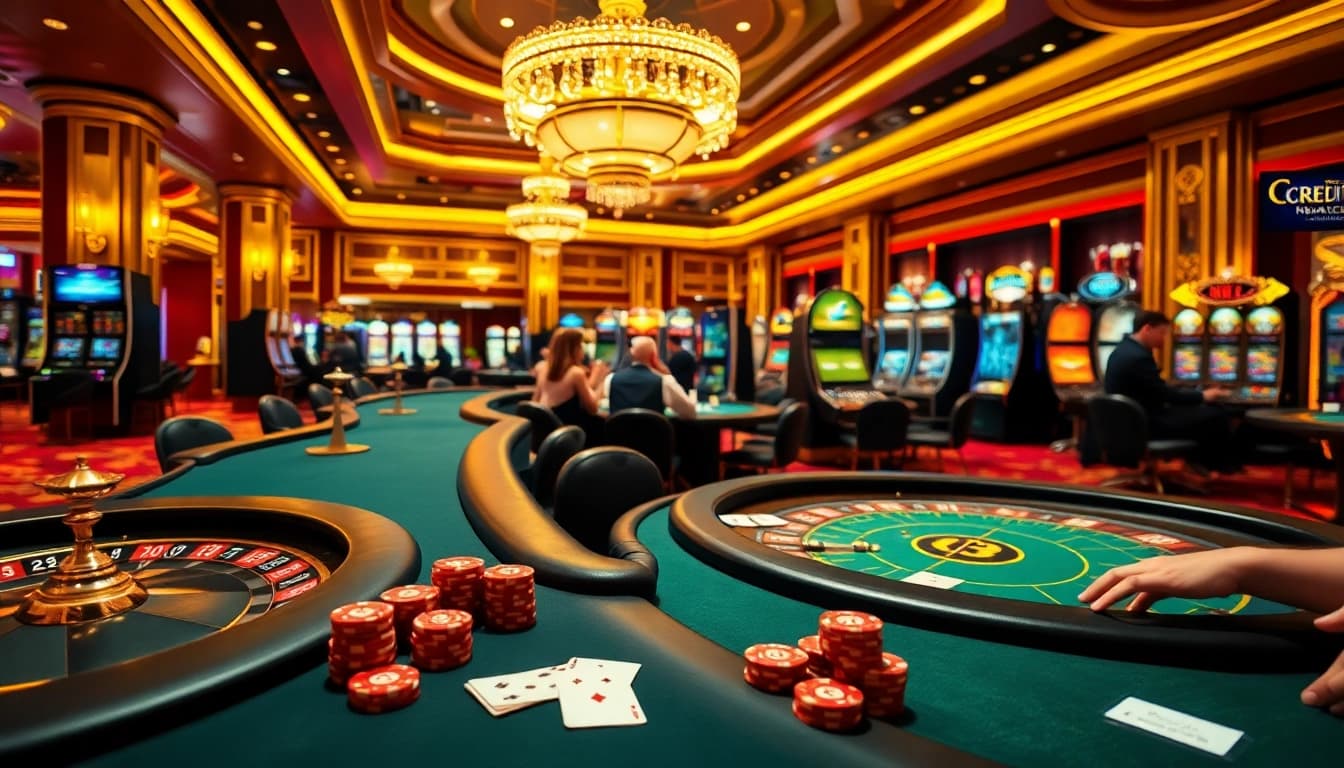 Players strategizing with poker chips while exploring credit nebancar options in a lively casino.