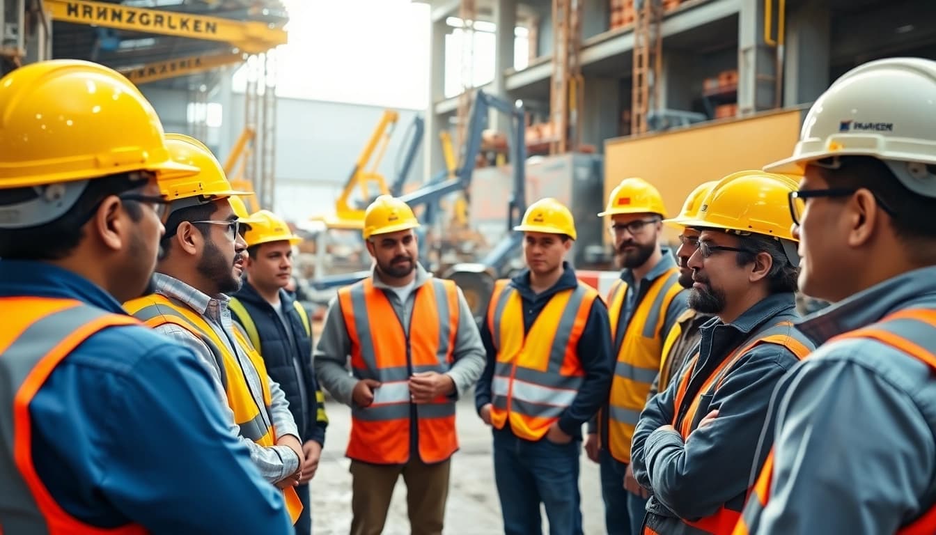 Workers participating in construction safety training session with detailed safety protocols.