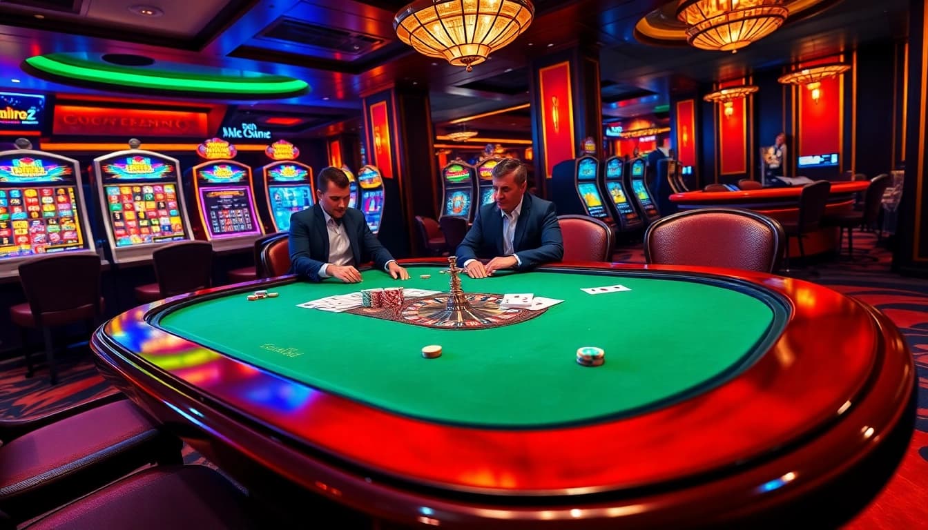 Vivez des actions palpitantes dans un casino en ligne avec des tables de poker, des jetons élégants et des machines à sous animées.