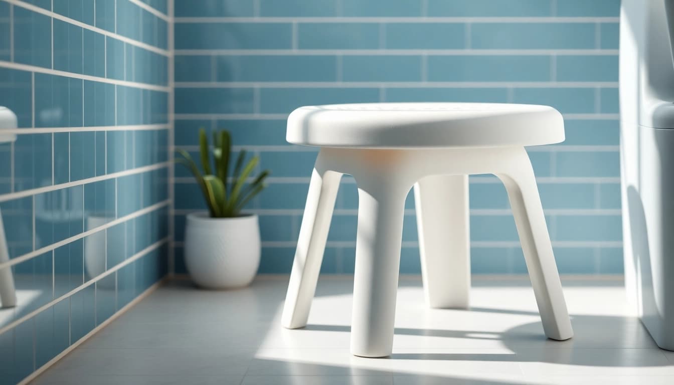 Duschhocker in einem modernen Badezimmer, ergonomisch gestaltet und für Sicherheit optimiert.