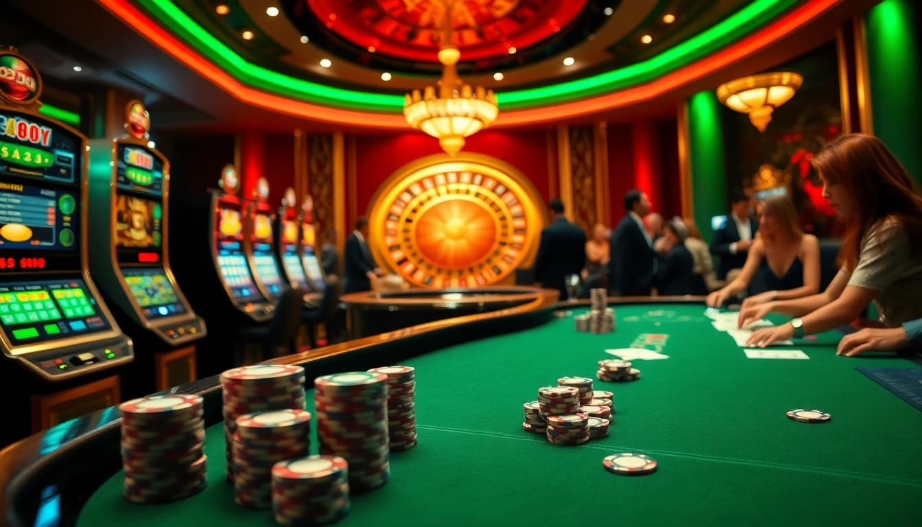 Exciting gambling scene at 68VIP casino with poker table and slot machines.