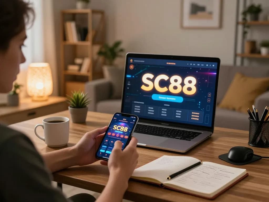 Player actively engaging with SC88 casino app on smartphone in a cozy home setup