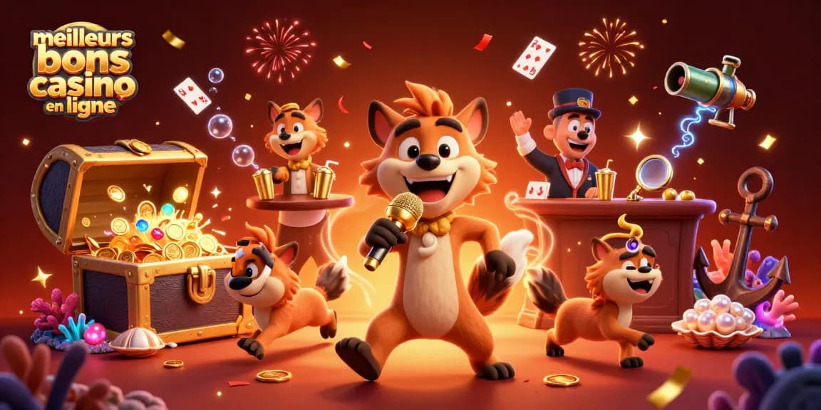 Illustration des meilleurs bonus de casino en ligne avec des hyènes animant un club de comédie.