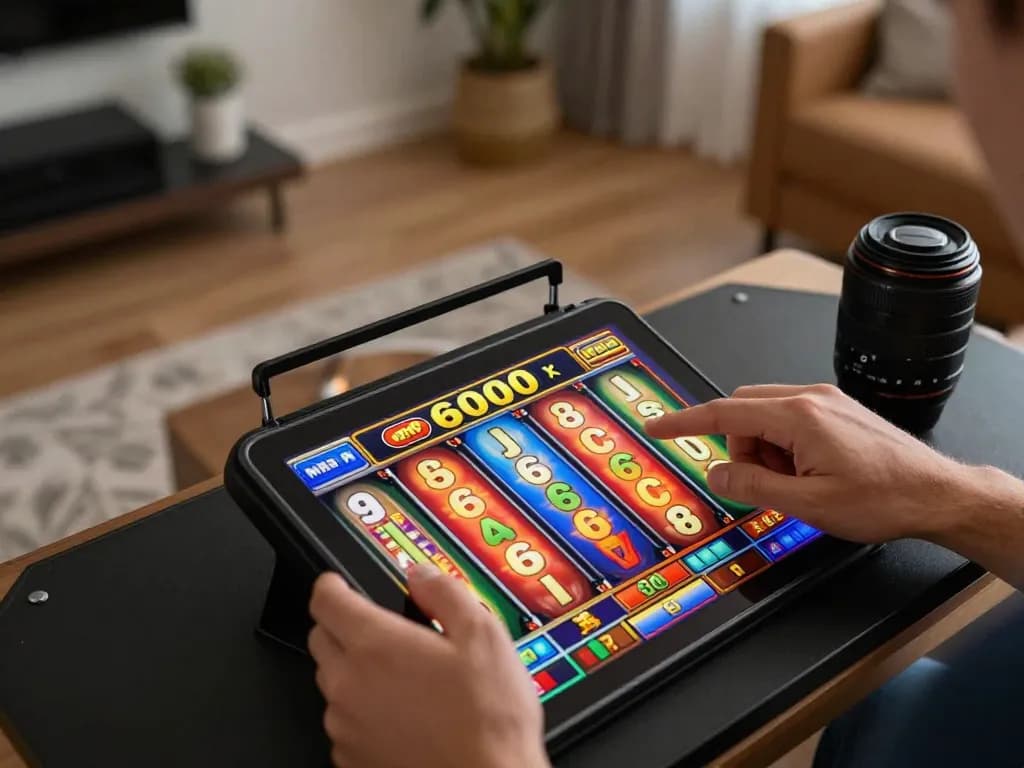 Spin the reels on slot6000 during an exciting online gaming session at home, showcasing dynamic gameplay.