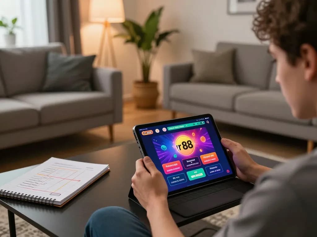 Player immersed in rr 88 online casino gaming on a tablet in a modern living room, showcasing a responsible gaming atmosphere.