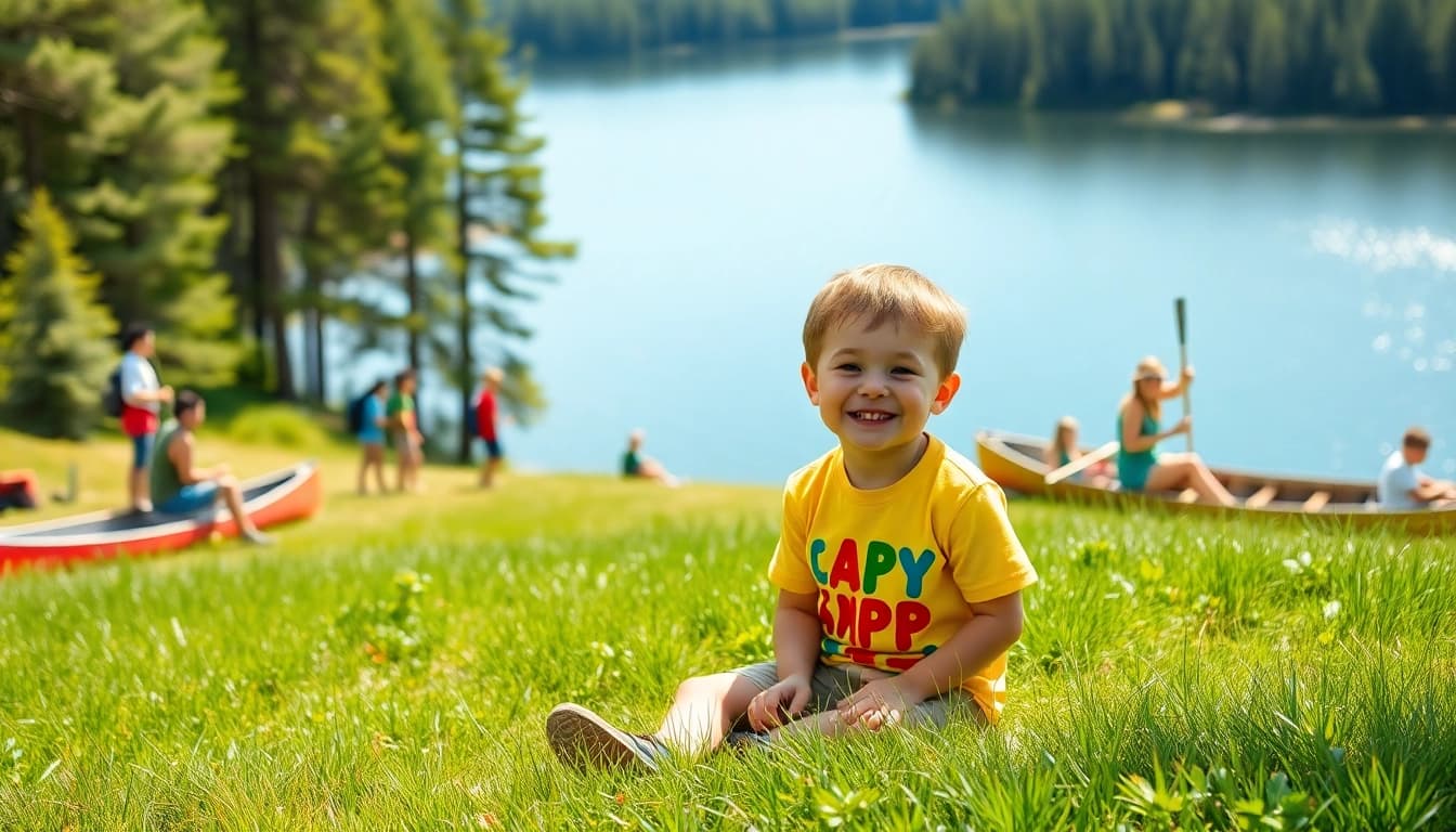 Celebrate a joyful child's first time at overnight camps amidst a lively nature setting.