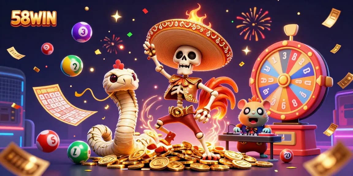 Join the excitement at 58WIN with a vibrant illustration showcasing thrilling games and big wins!