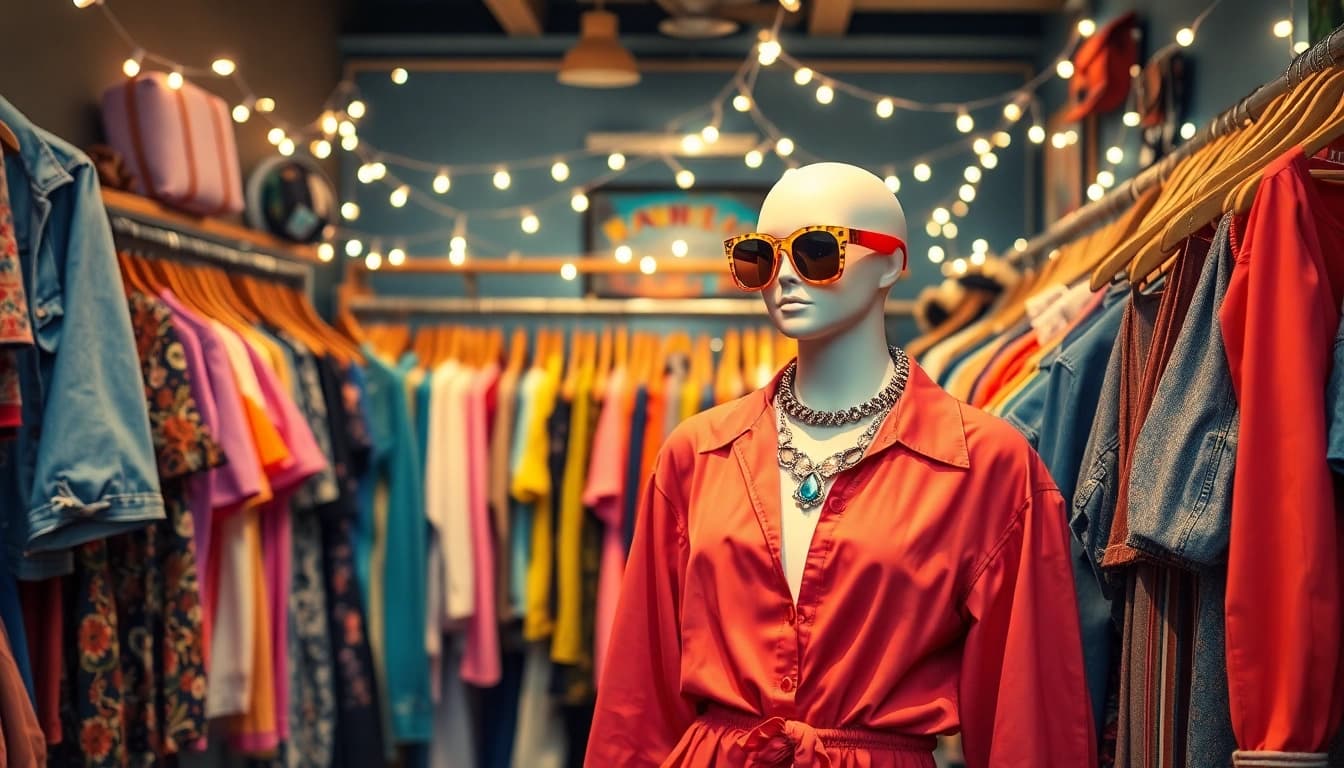 Shop unique pieces from https://thrift-vintage.com/ amidst vibrant vintage fashion set in a cozy boutique.