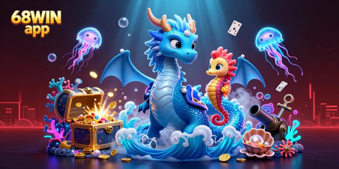 Experience gaming excitement with the vibrant 68WIN app featuring a dragon and seahorse knight.