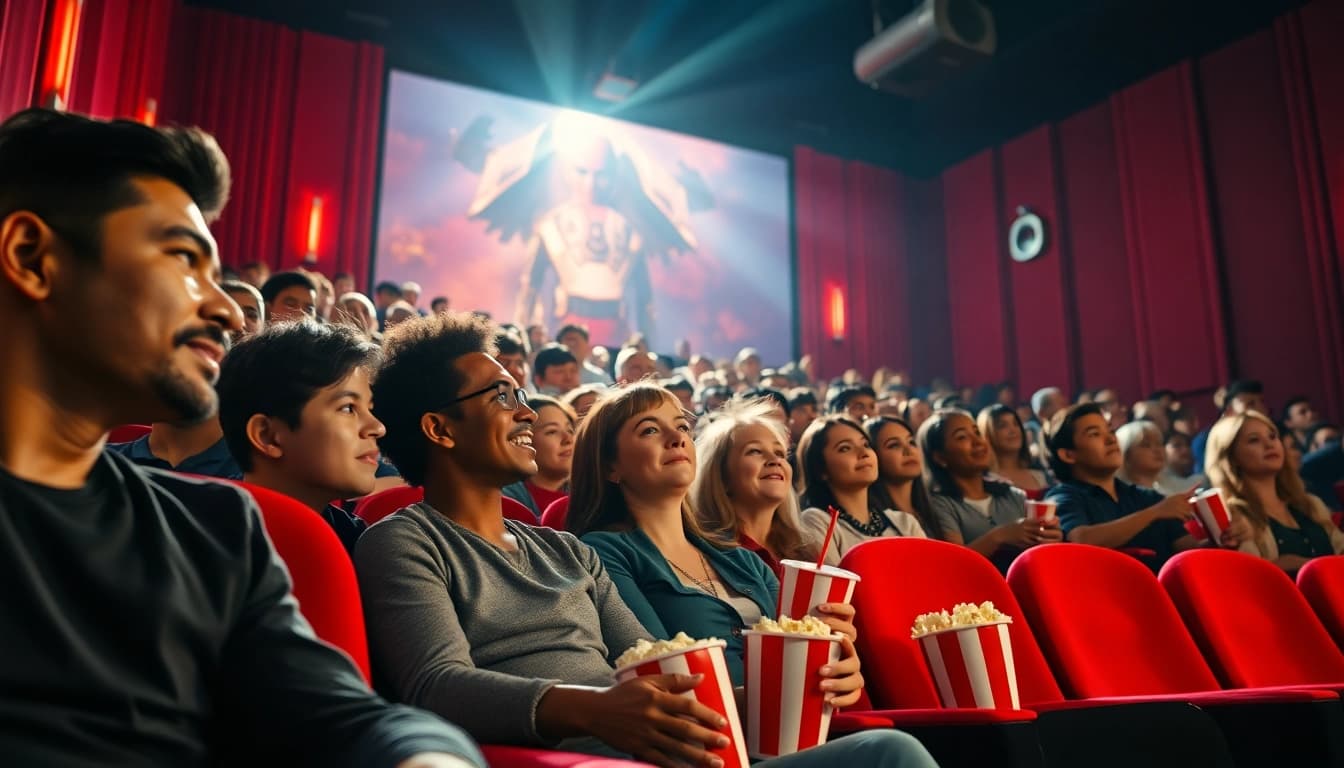 Viewers engaged in movies online at a vibrant theater, showcasing excitement and reaction.