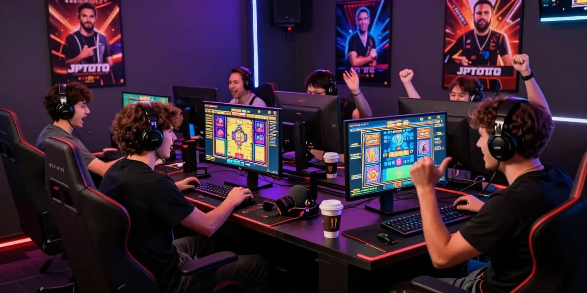 Players enjoying thrilling online slot games at JPTOTO, showcasing vibrant screens and energetic atmosphere.