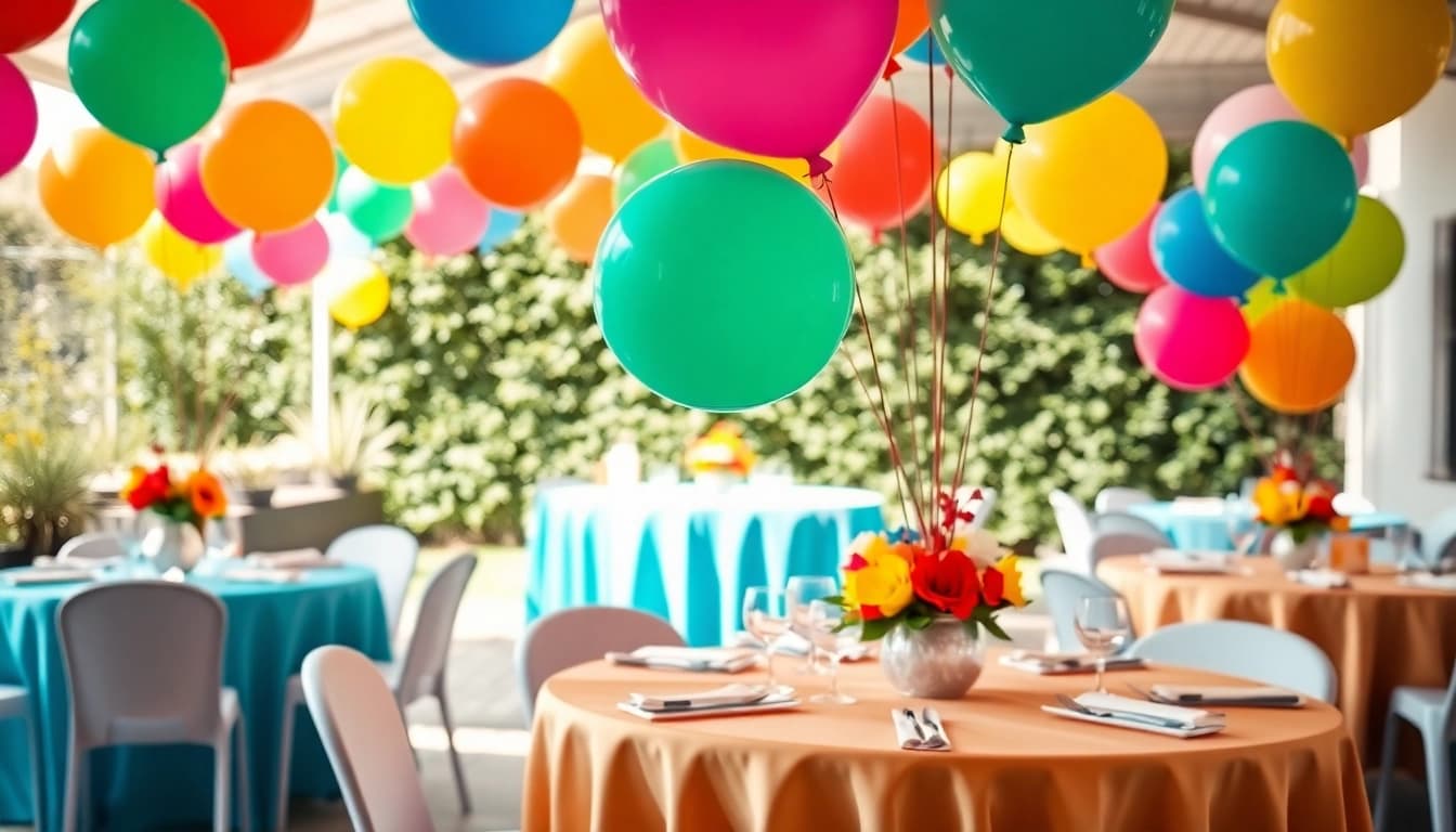 Engaging party scene showcasing Party Rentals Near Me with vibrant decor, tables, and festive atmosphere.