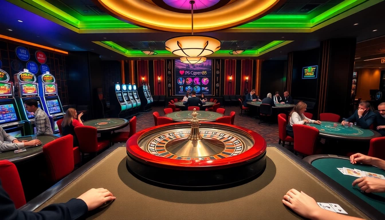 OPEN88 players enjoying an engaging casino atmosphere with roulette and poker games.