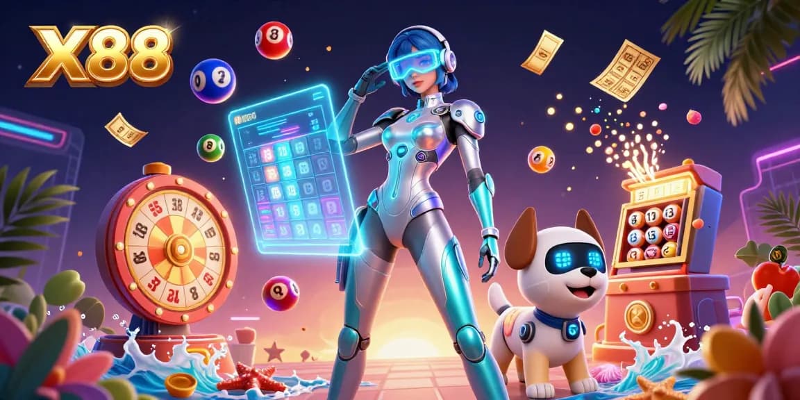 X88 energizes players with vibrant illustrations of dynamic lottery elements and a futuristic vibe.